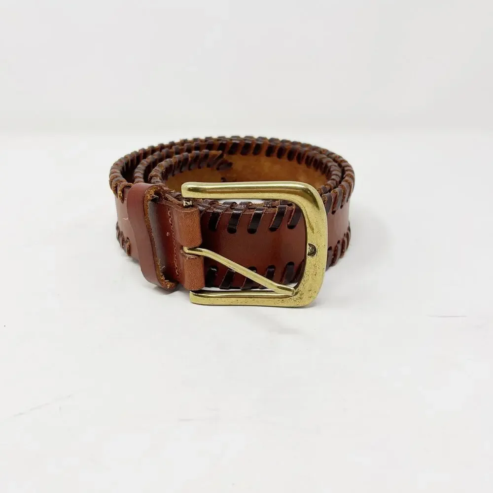Linea Pelle Vintage Leather Braided Belt Camel Brown Gold Tone Hardware 36.5